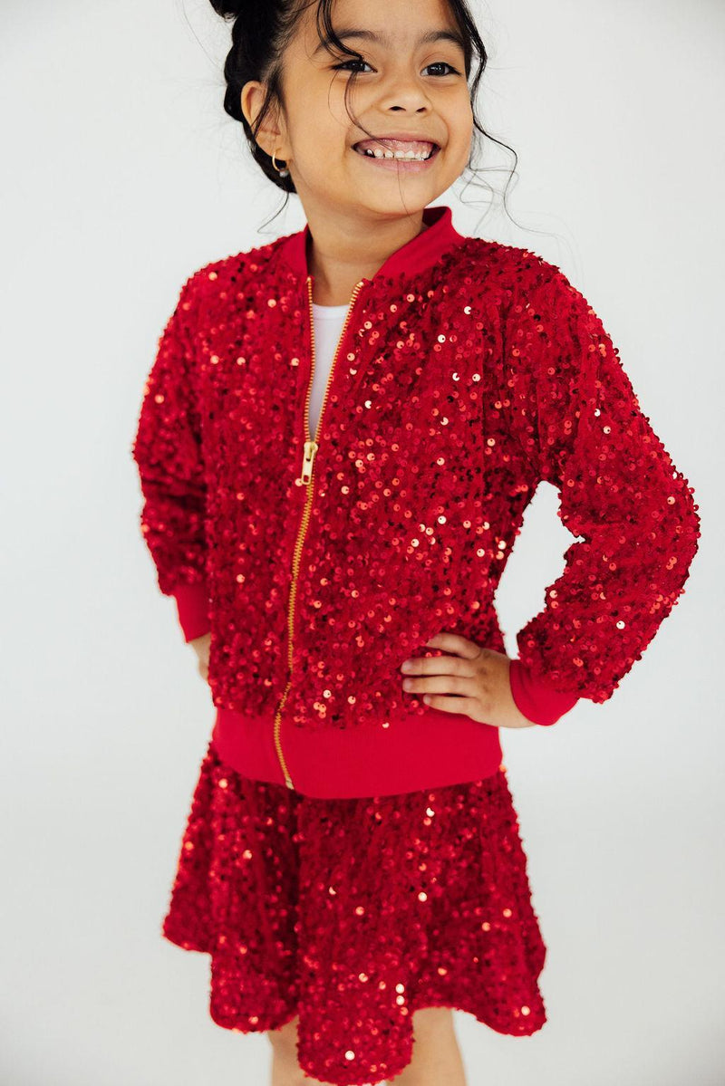 Red Velvet Sequin Jacket for Girls - Sleek Zippered Front