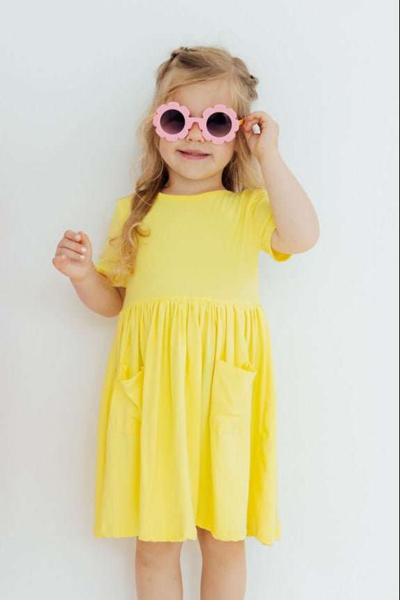 Yellow Short Sleeve Pocket Twirl Dress