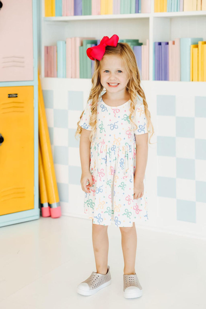Tied in Love Short Sleeve Pocket Twirl Dress - Adorable Bows