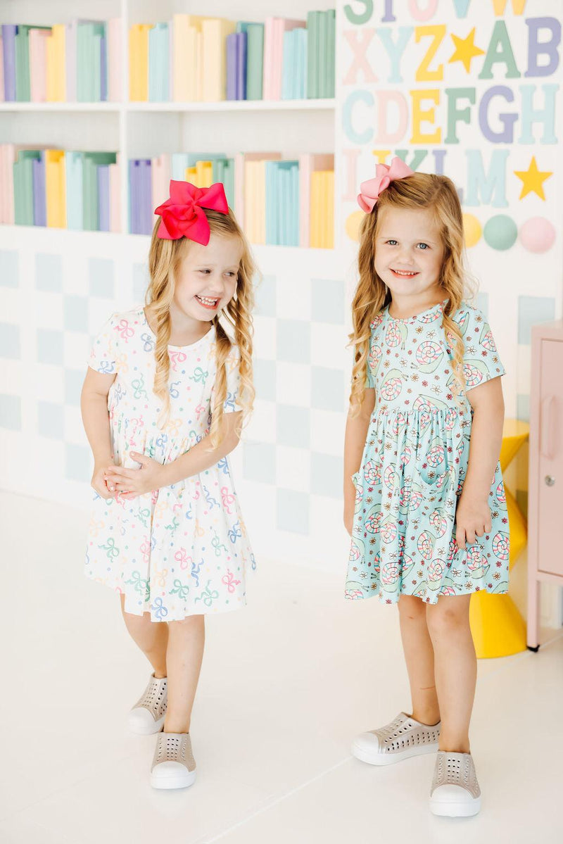 Tied in Love Short Sleeve Pocket Twirl Dress - Adorable Bows