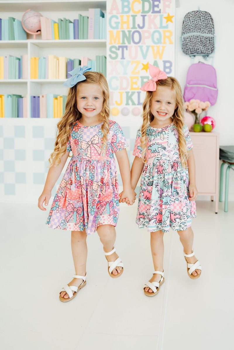 Quilted Dinos Short Sleeve Pocket Twirl Dress