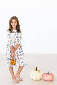 Stay Spooky 3/4 Sleeve Pocket Twirl Dress for Girls - The Palm Beach Baby
