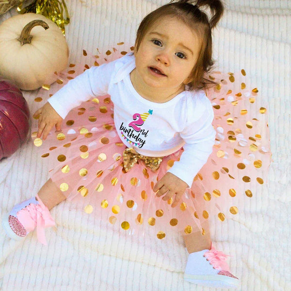 2nd birthday tutu set for girls pink and gold polka dot skirt with white long sleeve top