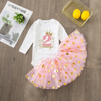 2nd birthday tutu set for girls with white long sleeve bodysuit and pink tutu skirt with gold polka dots