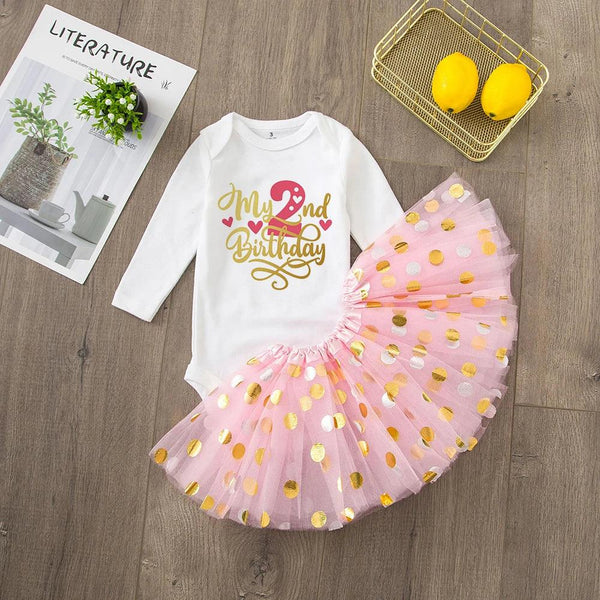 2nd birthday tutu set for girls with white long sleeve bodysuit and pink polka dot tutu skirt