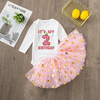 2nd birthday tutu set for girls with white long sleeve bodysuit and pink gold polka dot skirt