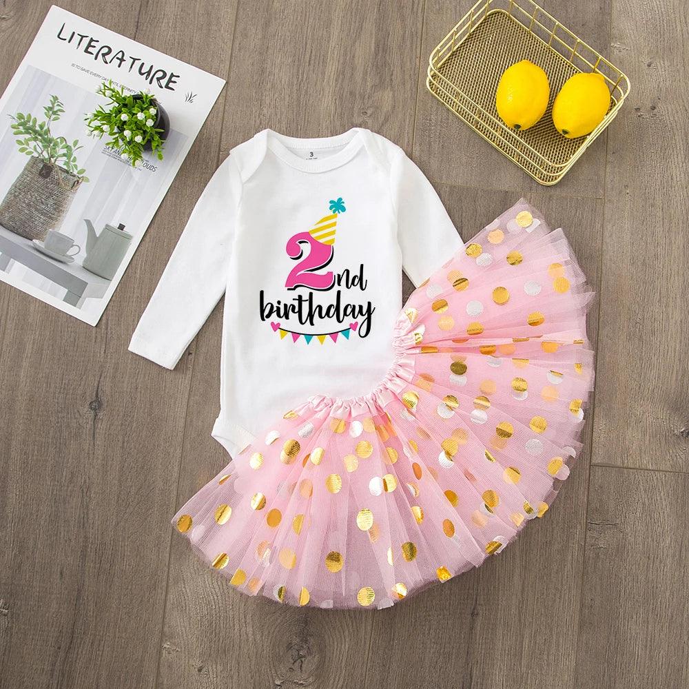 2nd birthday tutu set for girls with white long sleeve bodysuit and pink gold polka dot tutu skirt