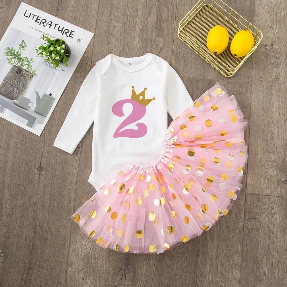 2nd birthday tutu set for girls with white long sleeve onesie and pink tutu skirt with gold polka dots