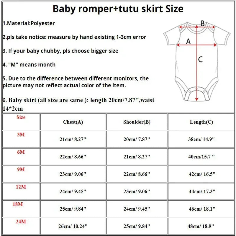 2nd birthday tutu set for girls size chart including chest shoulder and length measurements for baby romper and tutu skirt