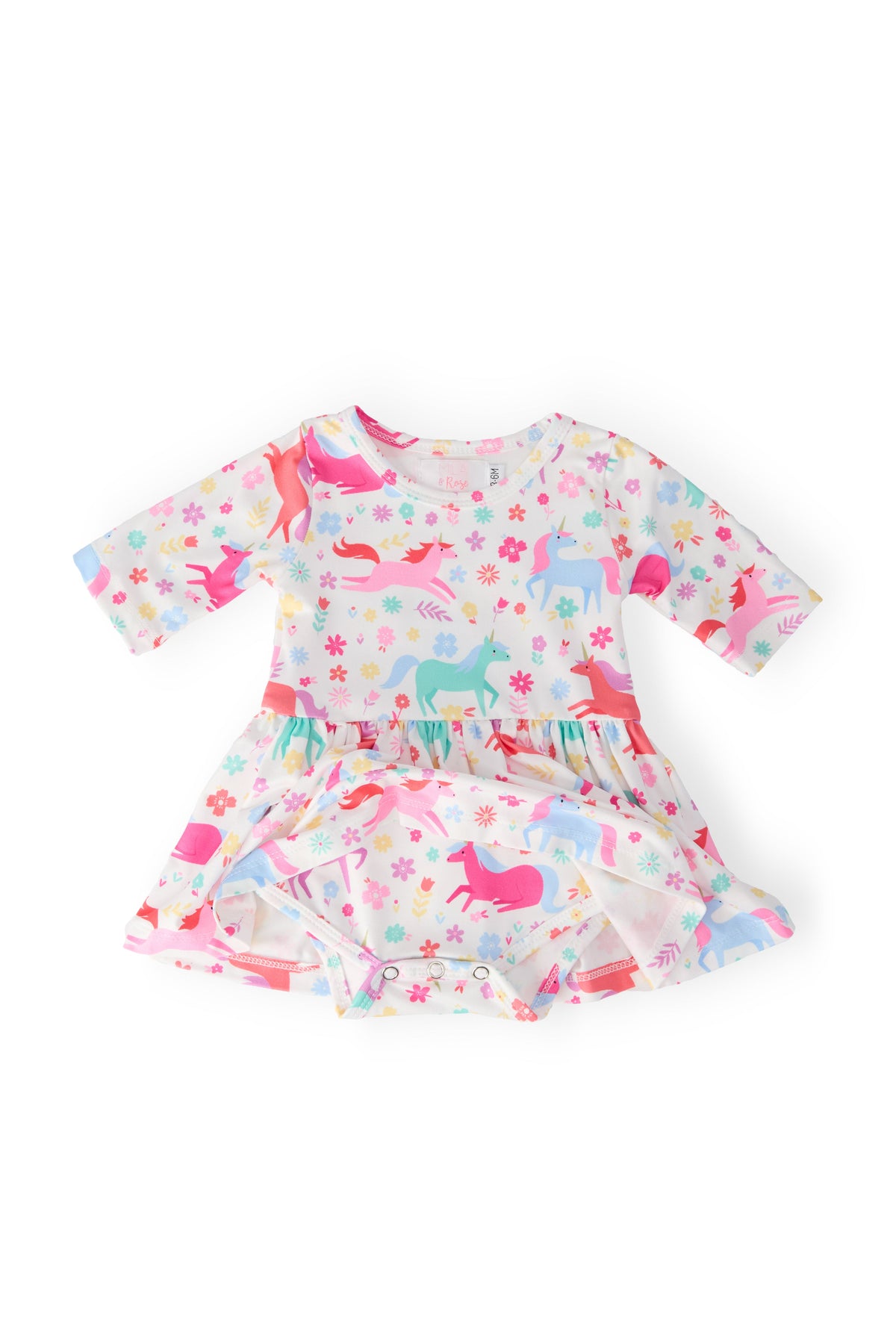 Girls colorful unicorn print 3 4 sleeve bodysuit with twirl skirt by Mila & Rose