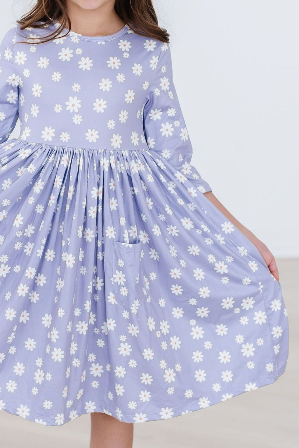 Dainty Daisies 3/4 Sleeve Pocket Twirl Dress for Girls by Mila & Rose, featuring a twirl-friendly full skirt and charming scoop back, perfect for playtime or special occasions.