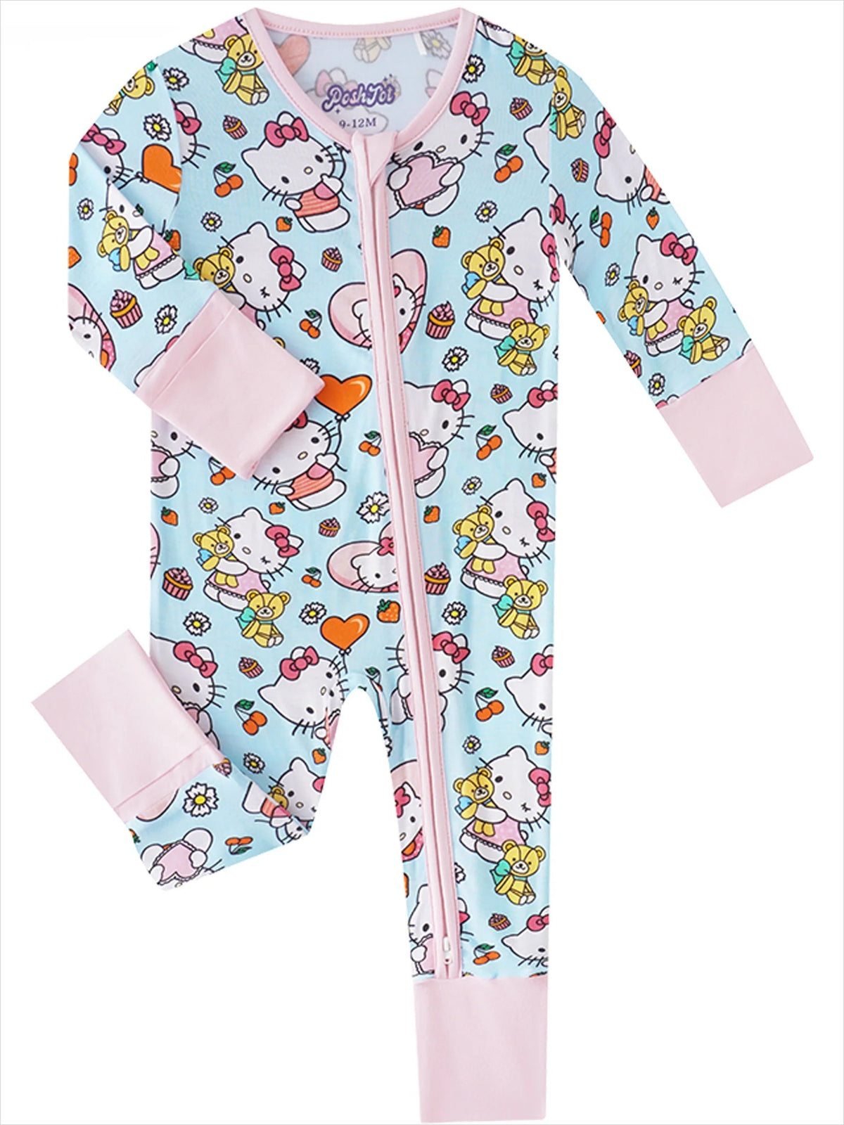 Light blue Hello Kitty zippy romper with pink cuffs and central zipper, featuring hearts and cupcakes print