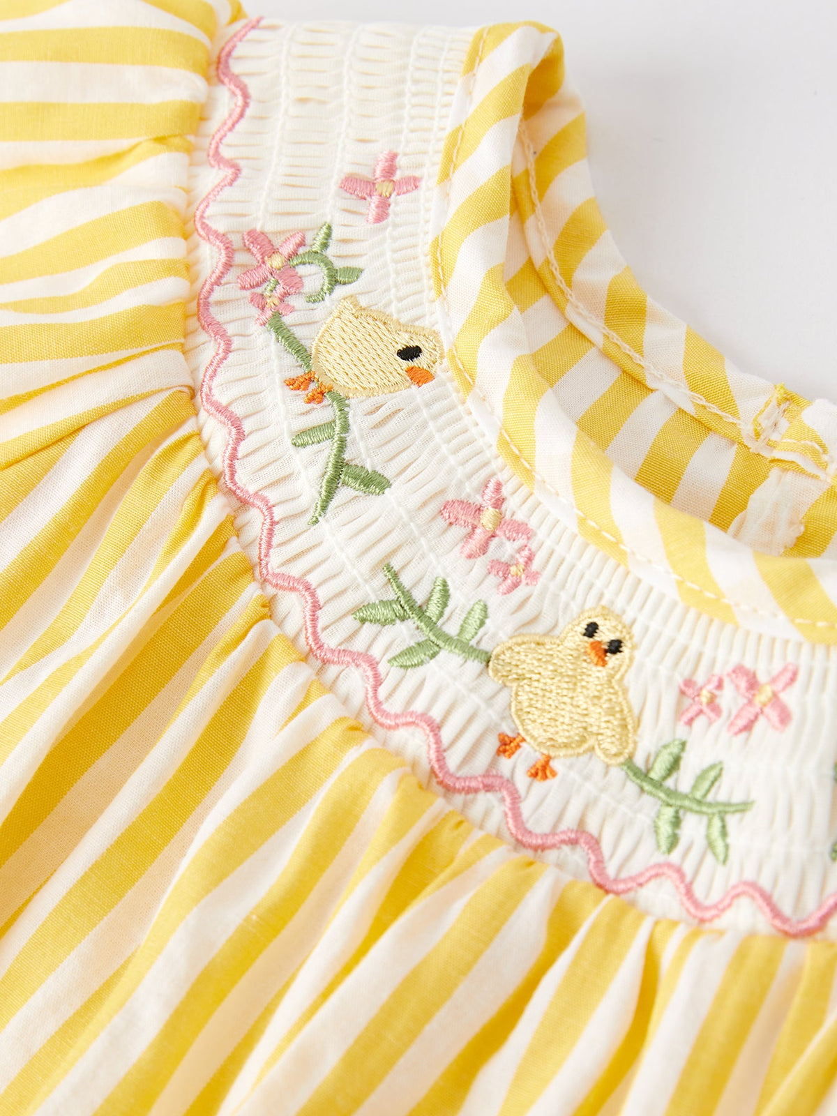 Detail shot of the floral embroidery on the Spring/Summer Chick Floral Embroidery Smocking Girls Romper, emphasizing its chic design.