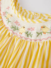 Spring/Summer Chick Floral Embroidery Smocking Girls Dress with yellow stripes and chick embroidery