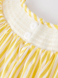Spring/Summer Chick Floral Embroidery Smocking Girls Dress with yellow stripes, smocked bodice, white buttons