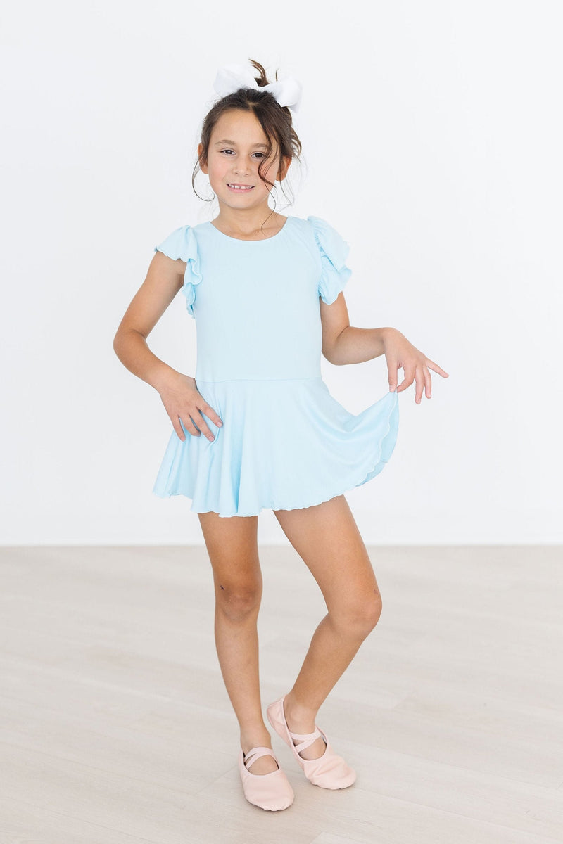 Bluebird S/S Twirl Leotard for girls by Mila & Rose, showcasing its soft, stretchy fabric ideal for dance and play.