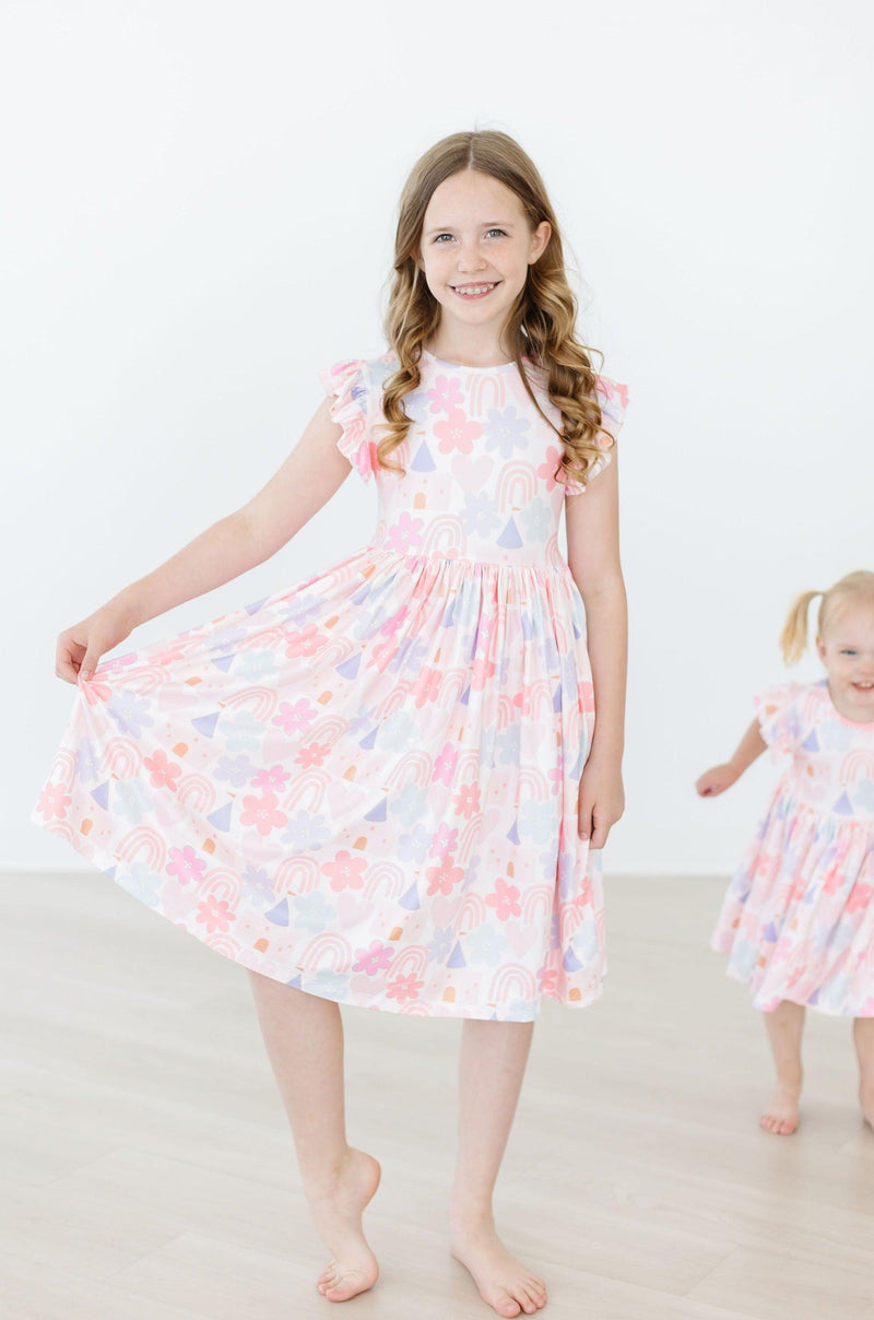 Charming Castles & Rainbows Flutter Sleeve Twirl Dress for Girls by Mila & Rose, perfect for twirling and playful adventures!