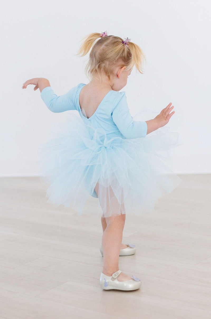 Close-up of the Bluebird 3/4 Tutu Leotard by Mila & Rose®, highlighting the soft tulle layers and comfortable fabric.