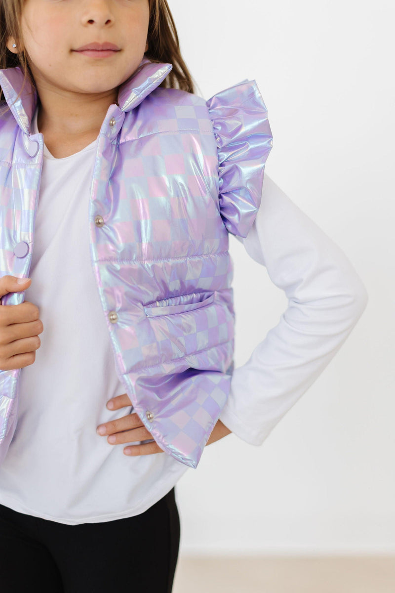 Charming Lavender Haze Checker Puffer Vest for Girls from Mila & Rose, perfect for staying warm and stylish this winter.