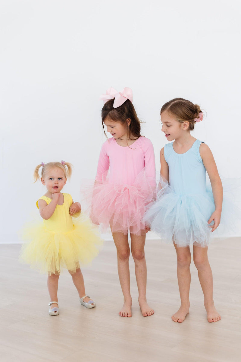 Close-up of the Bubblegum Pink 3/4 Tutu Leotard by Mila & Rose, highlighting the delicate tulle fabric and comfortable fit.