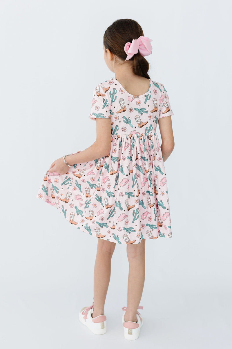 Cactus Cowgirl Short Sleeve Pocket Twirl Dress - Pink
