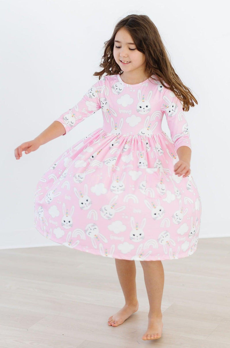Adorable Bunny Love 3/4 Sleeve Pocket Twirl Dress for Girls by Mila & Rose, showcasing vibrant colors and playful design, perfect for twirling and everyday adventures.