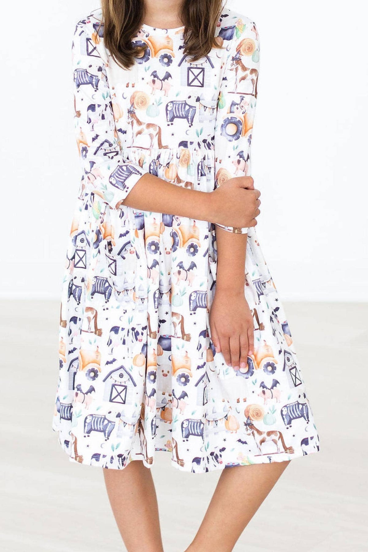 Stay Spooky 3/4 Sleeve Pocket Twirl Dress for Girls - The Palm Beach Baby