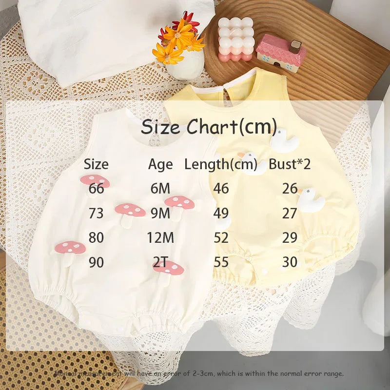 Yellow and white 3D baby romper for 6 to 24 months with duck and mushroom designs