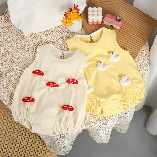 Cream and yellow 3D baby rompers with mushroom and duck designs for infants, sleeveless and soft fabric