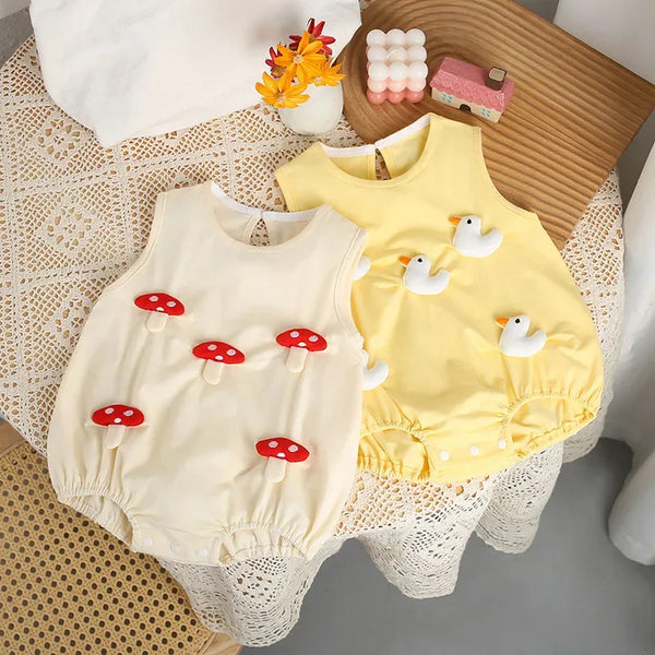 Cream and yellow 3D baby rompers with mushroom and duck designs for infants, sleeveless and soft fabric