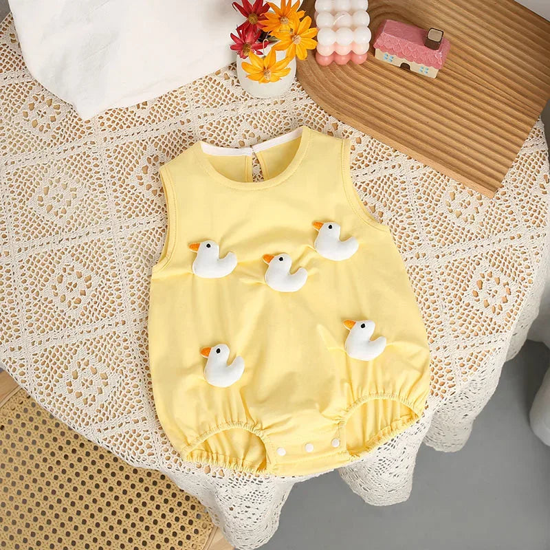 Yellow 3D baby romper for infants with white duck appliques and sleeveless design