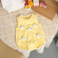 Yellow 3D baby romper for infants with white duck appliques and sleeveless design