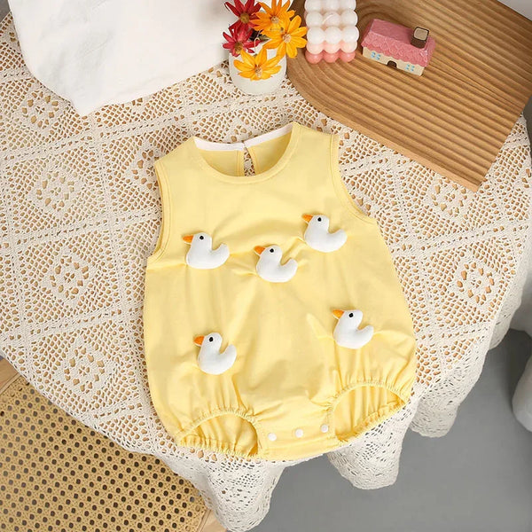 Yellow 3D baby romper for infants with white duck appliques and sleeveless design