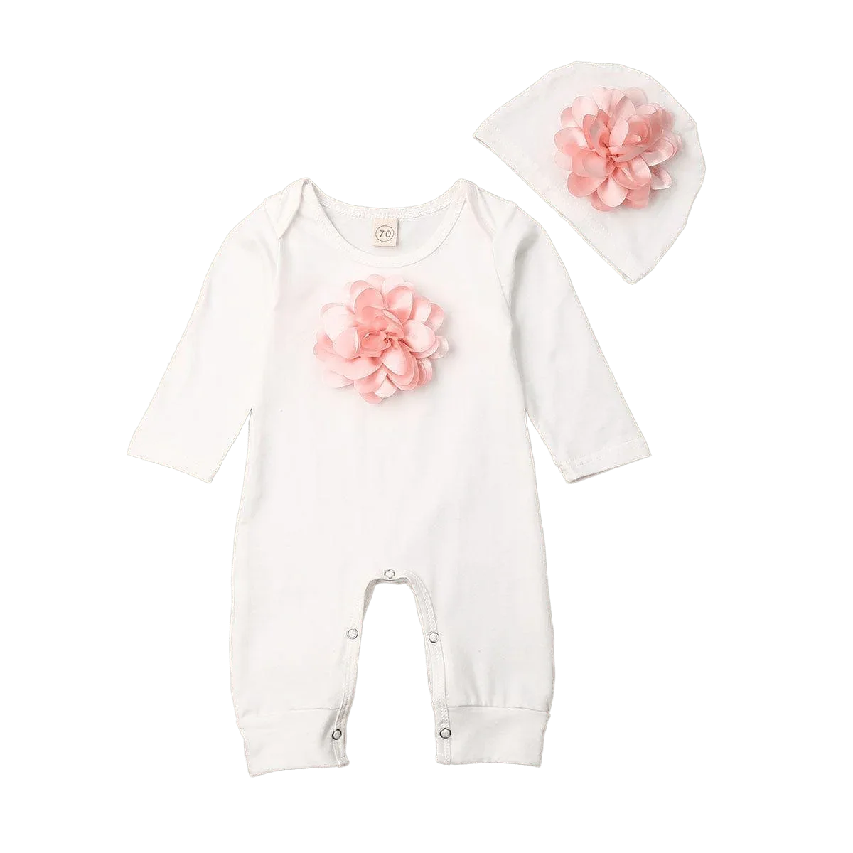 White 3D flower baby romper set with long sleeves and matching hat for infants size 70