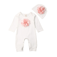 White 3D flower baby romper set with long sleeves and matching hat for infants size 70