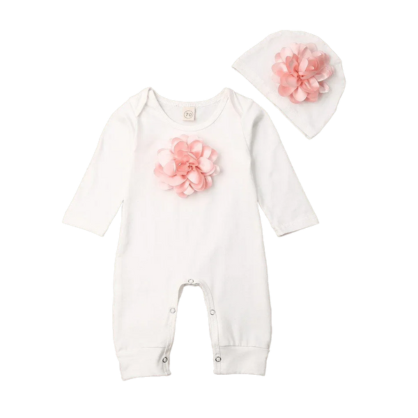 White 3D flower baby romper set with long sleeves and matching hat for infants size 70