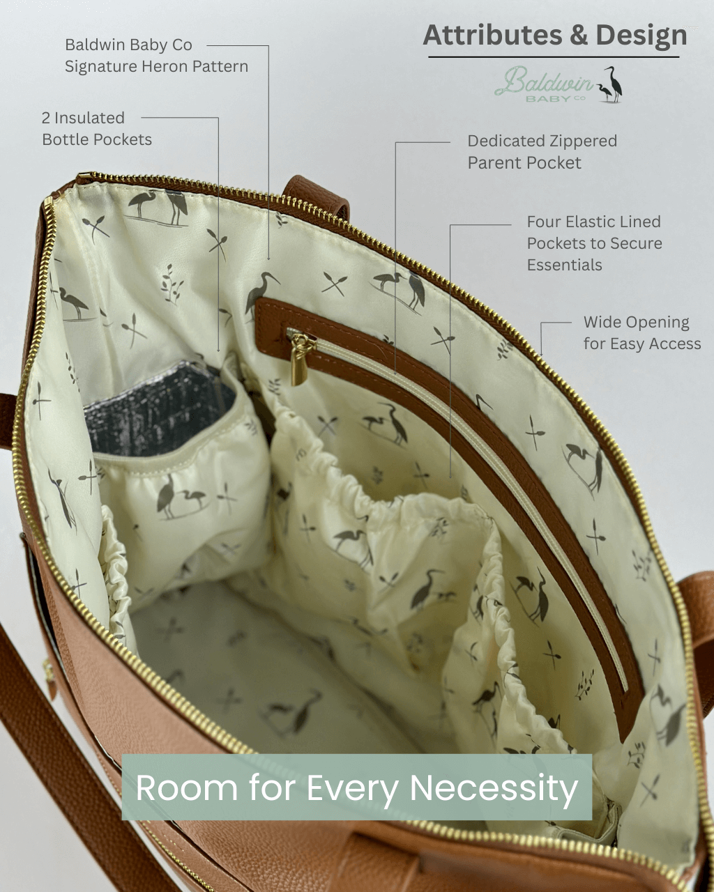 Open interior of cognac diaper bag revealing cream heron-print lining, insulated bottle pockets, and elastic-lined storage