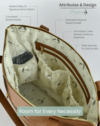 Open interior of cognac diaper bag revealing cream heron-print lining, insulated bottle pockets, and elastic-lined storage