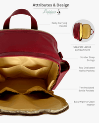 Crimson vegan leather diaper bag interior showing laptop compartment, insulated bottle pockets, utility slots, and wipe-clean lining.