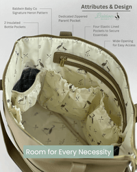 Open taupe diaper bag interior with cream heron pattern lining, insulated pockets, and elastic slots