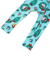 Angled view of lower legs and crotch seam on light blue footed sleeper with festive print