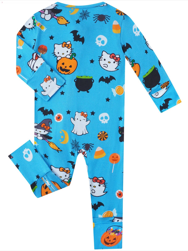 Halloween-themed onesie with Hello Kitty on a blue background