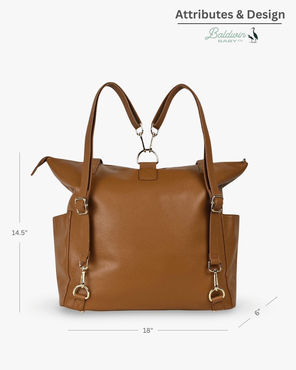 Rear technical view of cognac diaper bag with convertible backpack straps, silver buckles, and dimension lines indicating