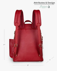 Back view of the crimson vegan leather diaper bag featuring padded straps, side pockets, and gold hardware with 17x15x7 inch dimensions.