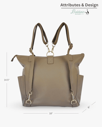 Rear view of taupe diaper bag with dimension lines indicating height, width, and depth measurements