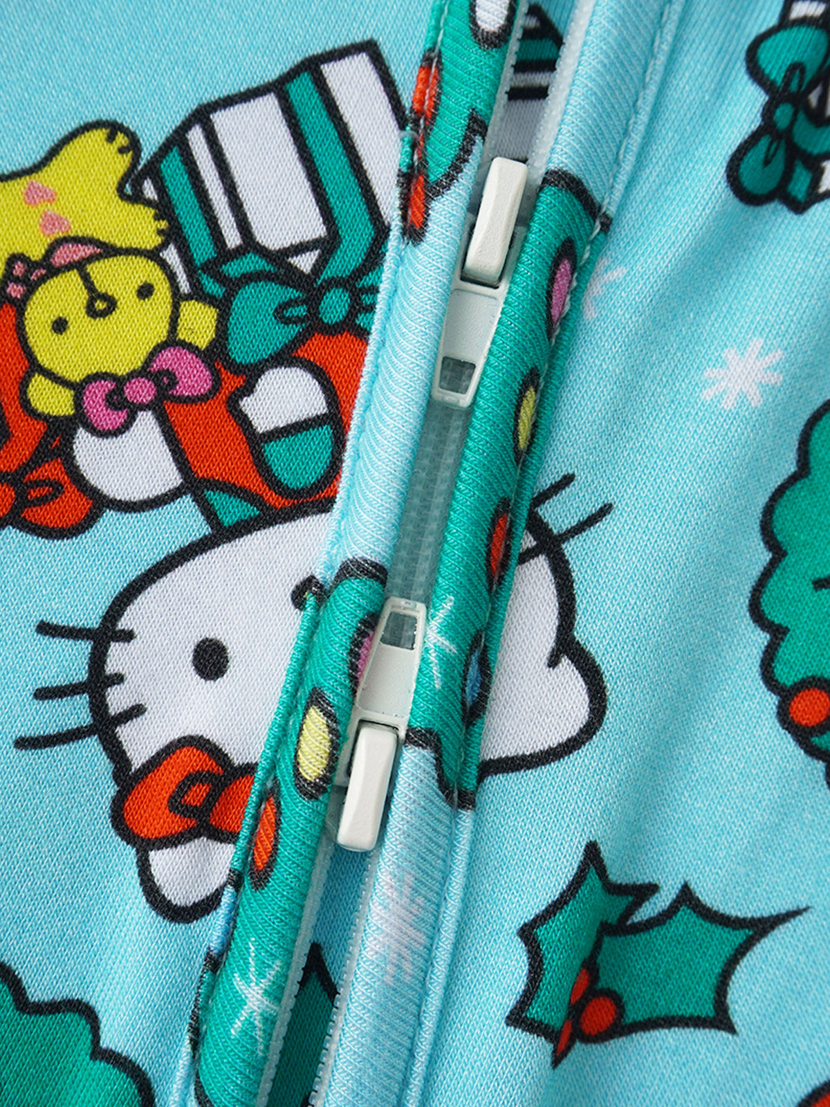White two-way zipper mechanism on turquoise fabric featuring Hello Kitty and holiday motifs