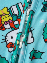 White two-way zipper mechanism on turquoise fabric featuring Hello Kitty and holiday motifs