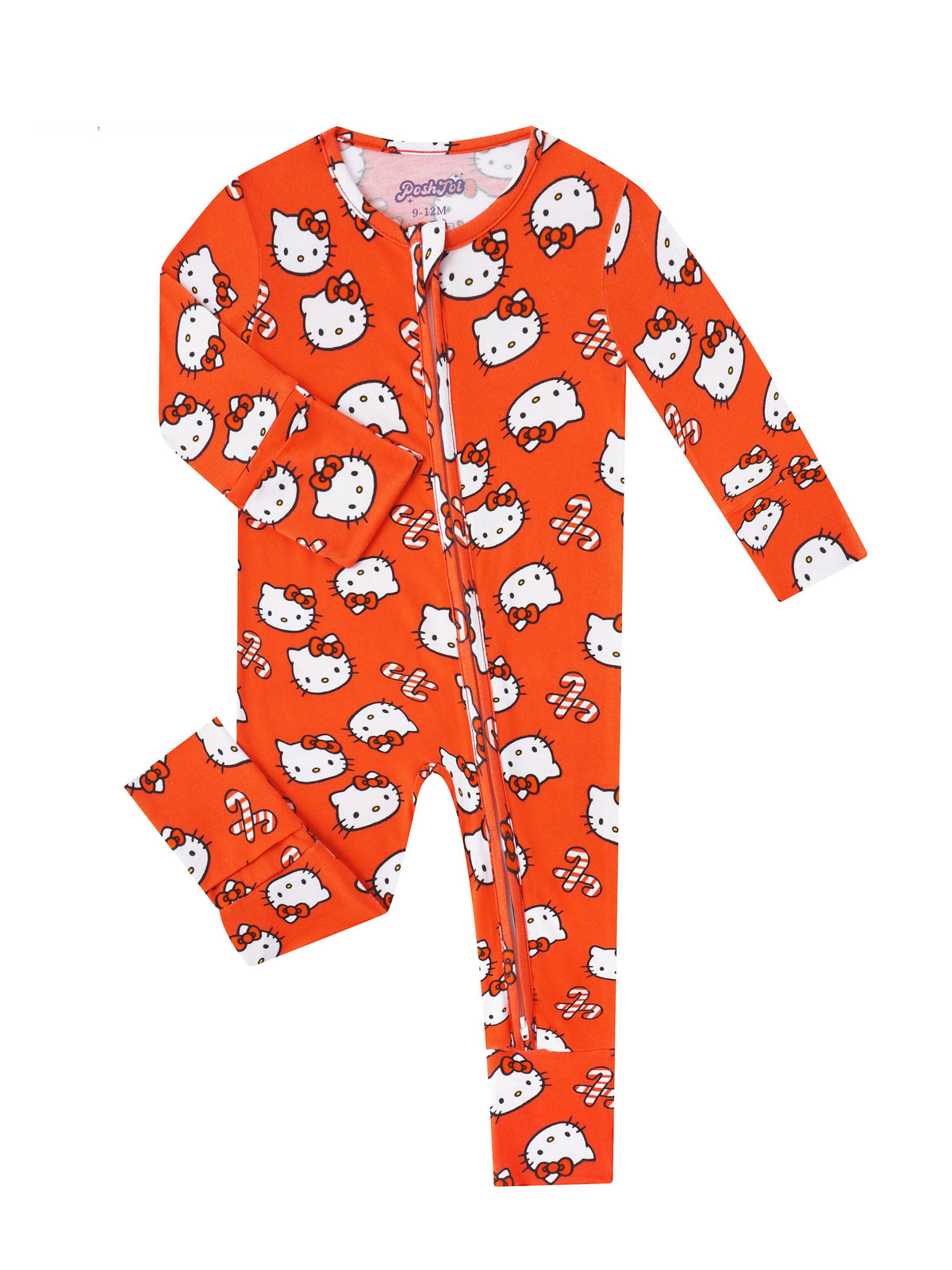 Flat-lay of orange long-sleeve zippy romper with Hello Kitty print, front zipper, and convertible cuffs.