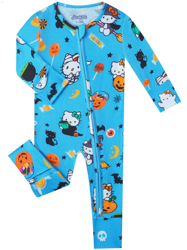 Children's Halloween-themed onesie with a cat and pumpkin design on a blue background