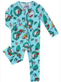 Light blue Hello Kitty bamboo romper with Christmas wreath print laid flat showing front zipper